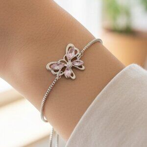 3/$35 Pink Butterfly Charm Pendant Silver Chain Bracelet Copper Crystal Jewelry